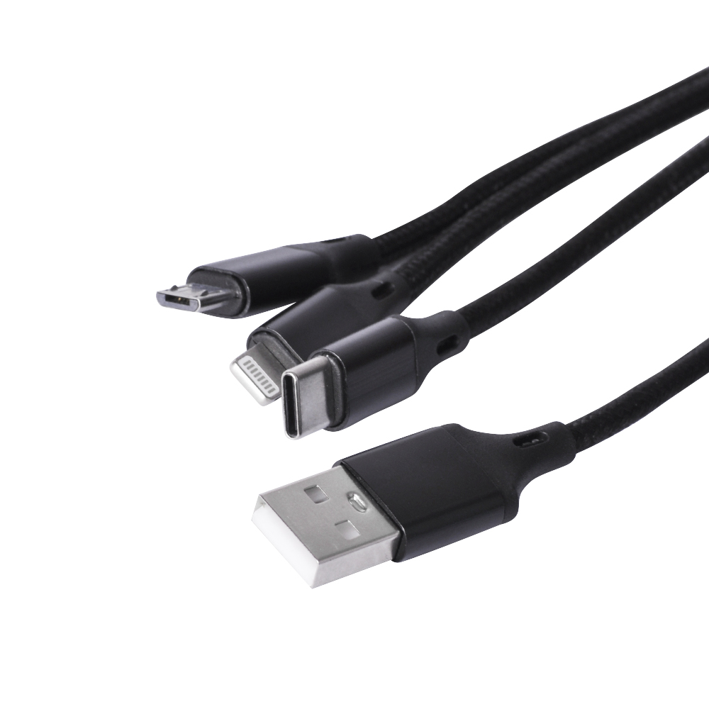 Кабель 3 в 1 в нейлоновой оплетке (USB - micro USB, Type-C, Lightning) 2.4А, 1 метр (Черный)