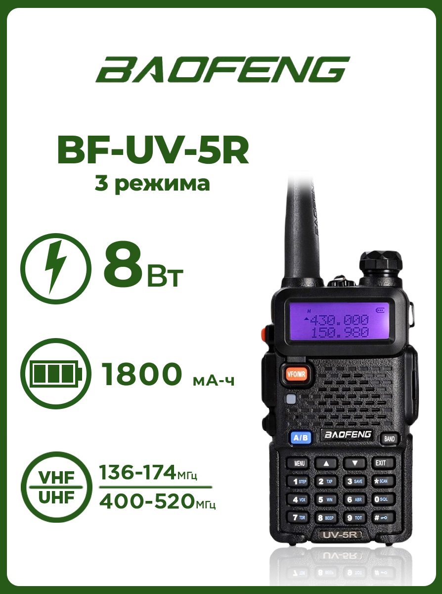 Радиостанция Baofeng UV-5R (8W) 3 режима работы (2 шт. в комлекте)