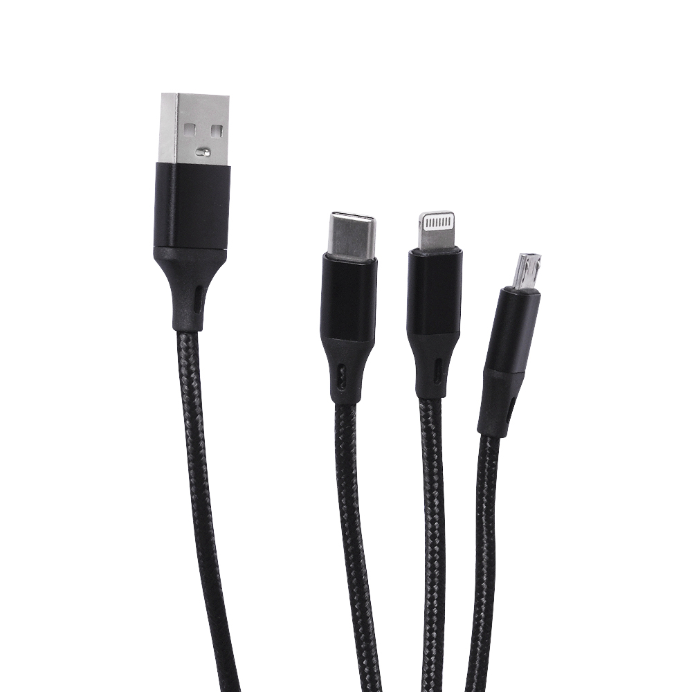 Кабель 3 в 1 в нейлоновой оплетке (USB - micro USB, Type-C, Lightning) 2.4А, 1 метр (Черный)