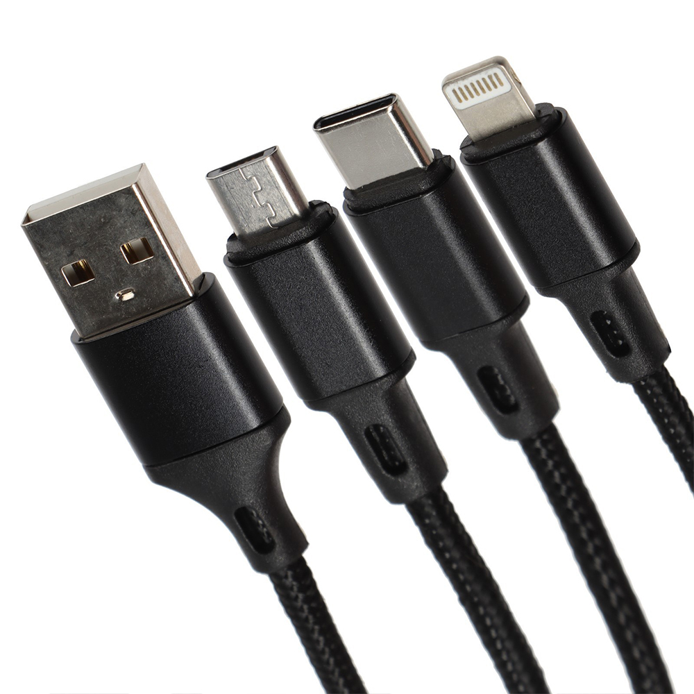 Кабель 3 в 1 в нейлоновой оплетке (USB - micro USB, Type-C, Lightning) 2.4А, 1 метр (Черный)