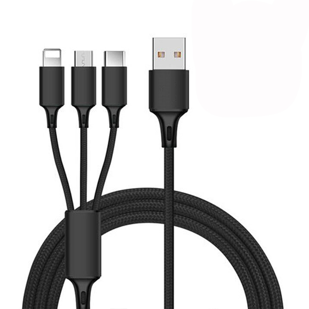 Кабель 3 в 1 в нейлоновой оплетке (USB - micro USB, Type-C, Lightning) 2.4А, 1 метр (Черный)