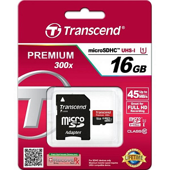 Карта памяти Transcend Micro SD 16Gb 10 class с адаптером
